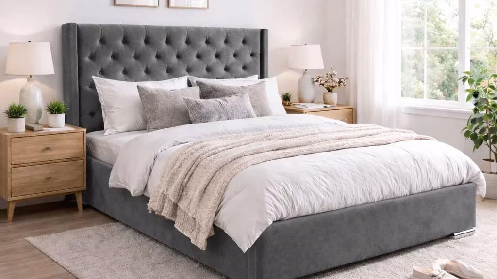 Luff Majestic Wingback bed in a grey upholstered finish
