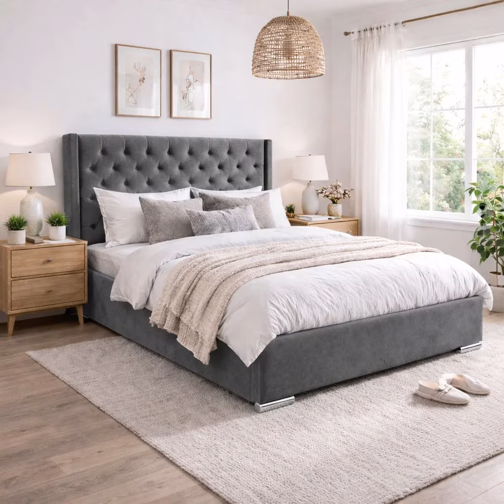 Luff Majestic Wingback bed in a grey upholstered finish