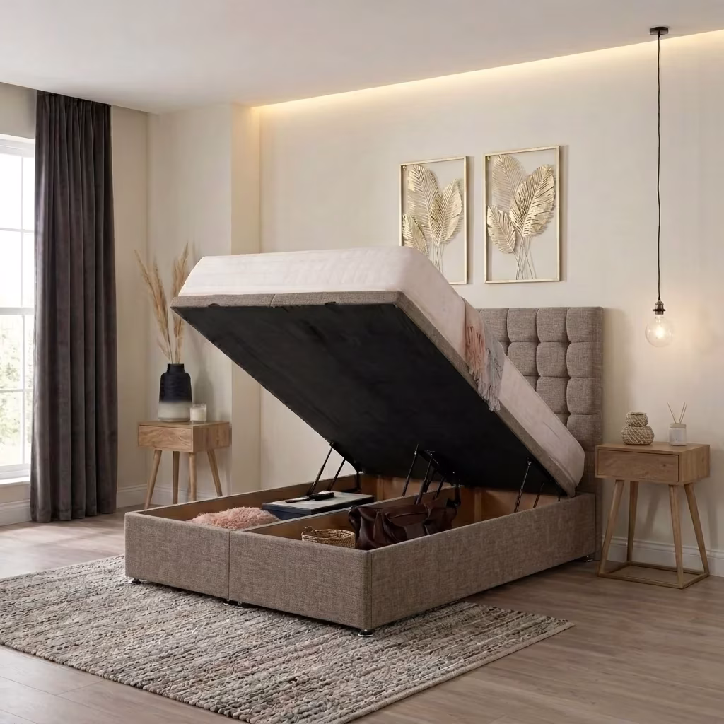 Luff Legacy Ottoman upholstered bed base in comet mink