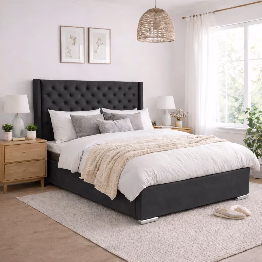 Luff Majestic Wingback Ottoman bed in plush steel