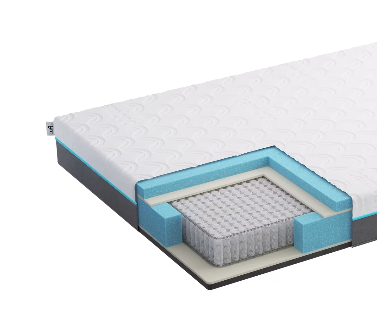 Luff Prestige mattress cutaway showing foam layers and pocket springs