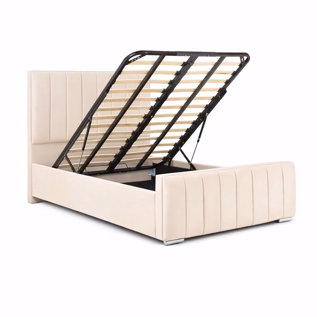 Luff Modern Elegance Ottoman bed open to show its storage and slatted base